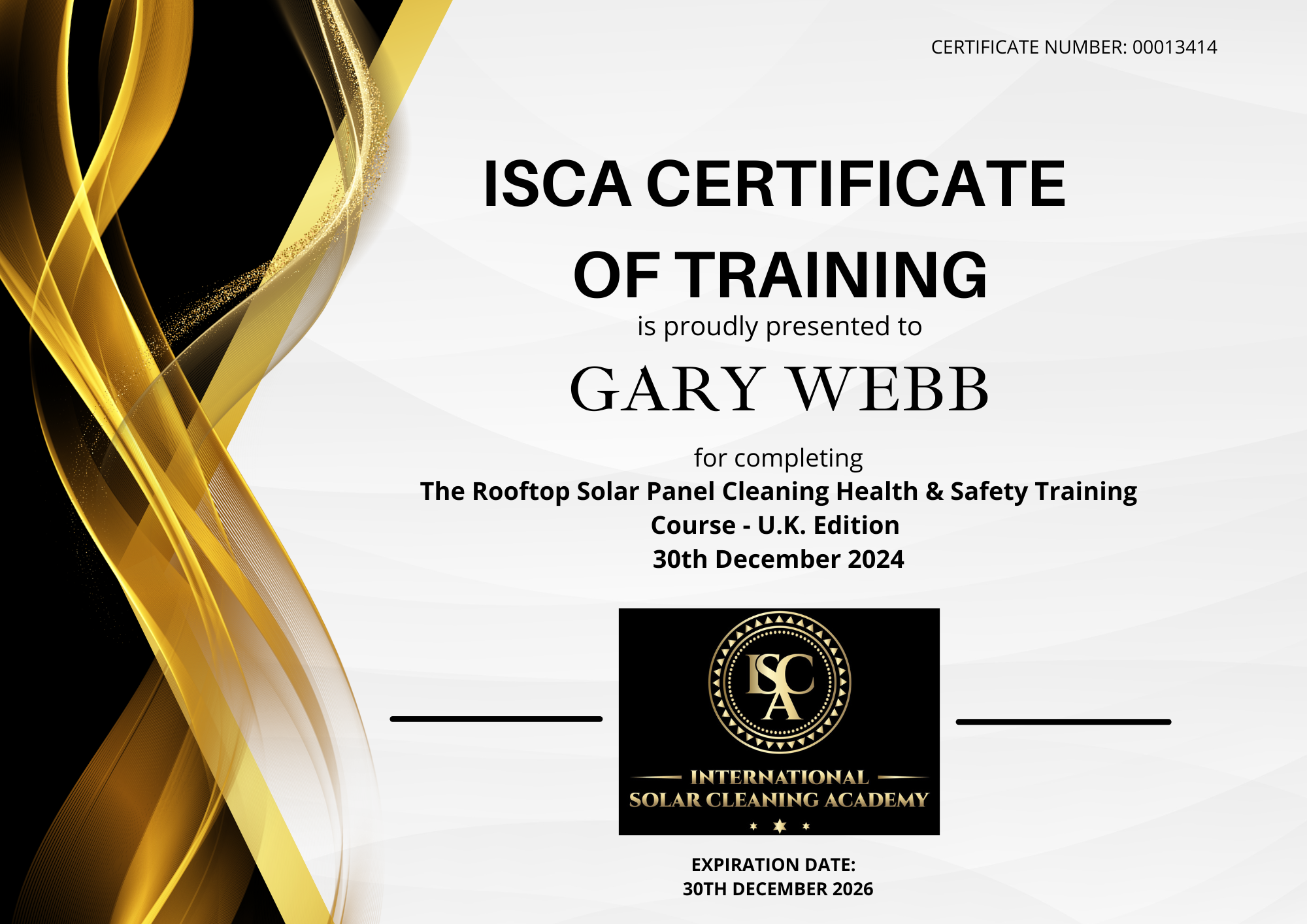 Gary Webb ISCA Training Certificate